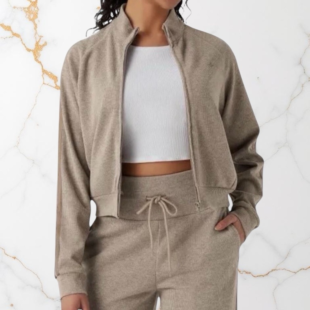 Halara Ribbed Stand Collar Zip-Up Jacket - Oatmeal- Size L